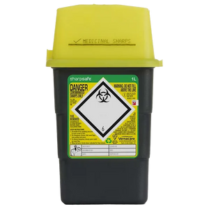 Sharpsafe® 1L Grey Sharps Bin - Yellow Lid